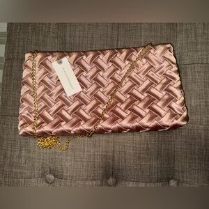 Anthropologie Satin Woven Clutch Elegant Pink with Gold Chain New with Tags
